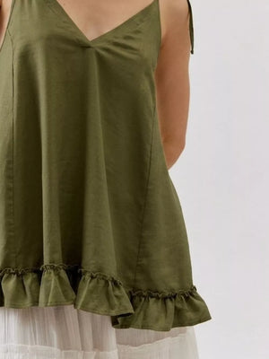 Army green camisole with V-neck, tie straps, and ruffled hem.