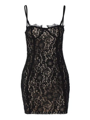 Black lace mini dress with spaghetti straps and scalloped trim.