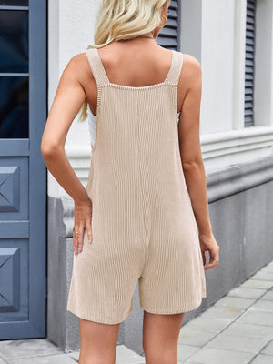 Knot-tie ribbed romper overalls in Caramel with vertical stripes, square neckline, and short legs.