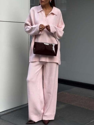 Pink knit polo collar sweater and wide-leg pants set with button detail
