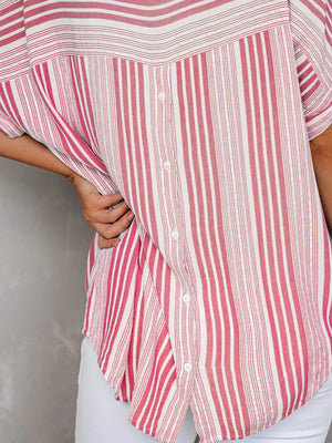 Pink Stripe collared half sleeve maternity shirt with decorative buttons.