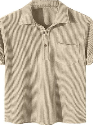 Khaki textured ribbed polo shirt with rolled sleeves and chest pocket
