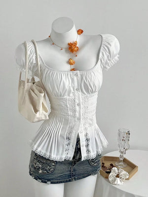 Lace Button Up Short Sleeve Shirt, front view
