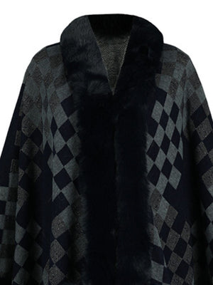 Checkered cape in dark navy and grey acrylic with faux fur trim and collar.