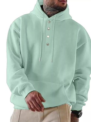 Light green cotton buttoned hoodie with kangaroo pocket and drawstring hood.