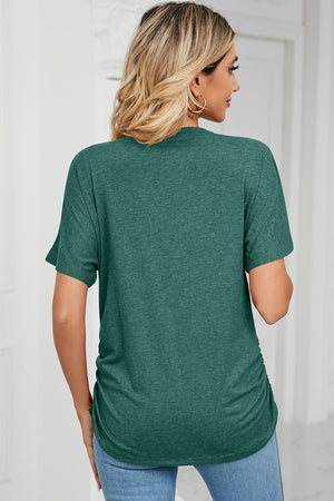 Dark Green V-neck tee with short sleeves and side ruching detail.