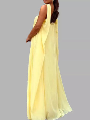 Yellow flowing maxi dress with scarf, sleeveless, v-neck, and draped cape sleeves.