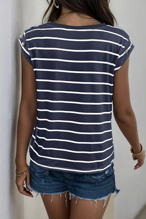 Dark Blue Stripe Tee with cap sleeves and button shoulder detail.
