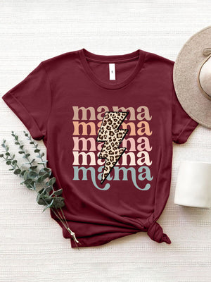 Burgundy Mama Bolt graphic t-shirt with leopard print lightning bolt and colorful text.