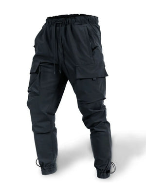 Black tech-utility cargo joggers with drawstring waist and ankle cuffs.