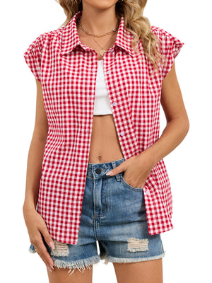 Red gingham cotton shirt with cap sleeves and button-down front