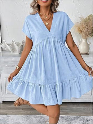 Sky blue ruffled mini dress with V-neck and short sleeves.