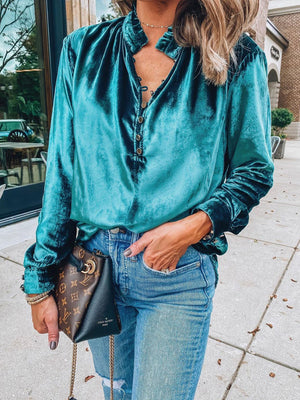Teal velvet blouse with mandarin collar and button detail