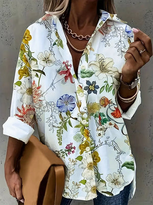 Floral Print Button-down Shirt in White, front view