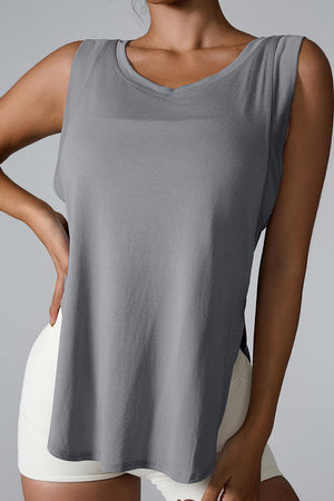 Charcoal performance tank top with asymmetric hemline and V-neck.