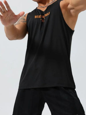 Black performance tank top with orange graphic inscription "BEAT O SELF" and Chinese characters.
