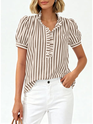 Brown and white striped blouse with ruffled collar, puff sleeves, and button front.