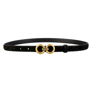 Black cowhide leather belt with double circle gold buckle