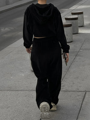 Black cropped zip hoodie and wide leg sweatpants set