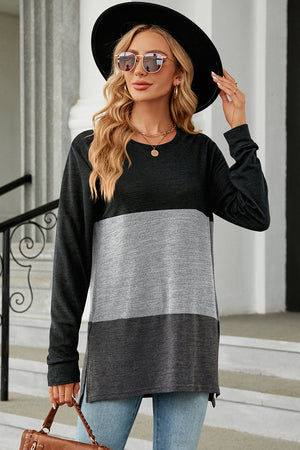 Colorblock long sleeve tee in charcoal, light gray, and dark gray with side slits.