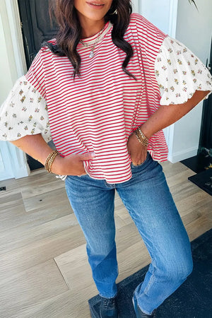 Red and white striped maternity shirt with floral puff sleeves and crew neck.