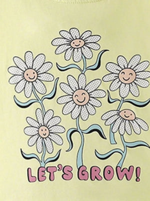 Kids yellow cotton t-shirt with cheerful daisy graphic and "Let's Grow!" text