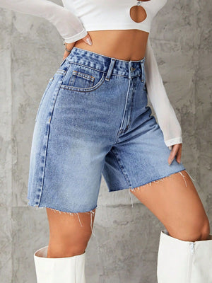 Light blue denim bermuda shorts with frayed hem and high waist