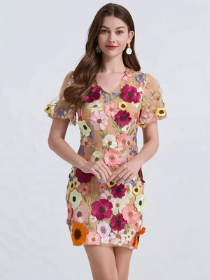 Apricot mini dress with colorful floral embroidery and puff sleeves