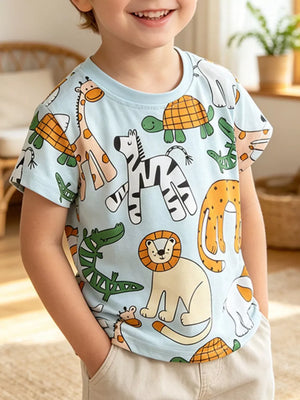 Blue short sleeve baby t-shirt with cartoon safari adventure print, comfortable fit.