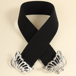 Black elastic belt with silver butterfly buckles