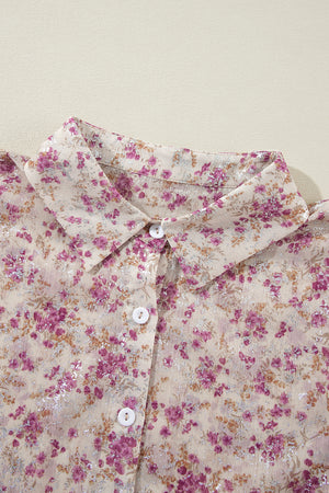 Sequin floral print relaxed fit blouse in dusty pink with button-down front and collar.
