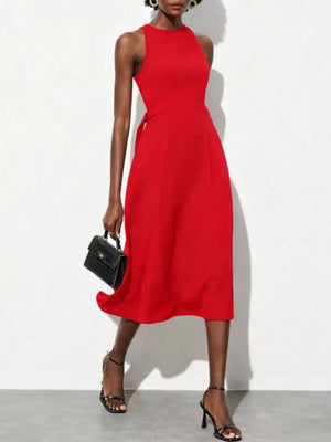 Chic red A-line midi dress with high neckline and defined waist, sleeveless.