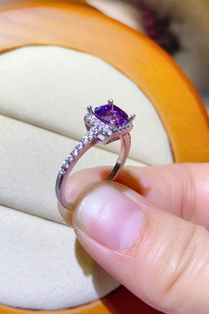 Purple cushion-cut moissanite halo ring with diamond band