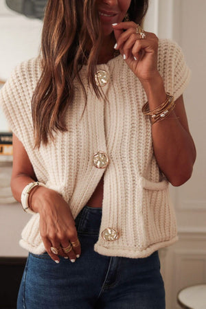 Cream chunky knit vest with statement buttons and pockets, acrylic, short sleeve