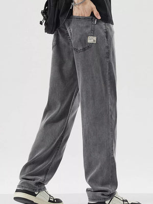 Relaxed fit wide-leg denim trousers in dark gray with a casual, basic style.