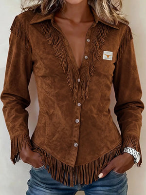 Full Size Fringed Collared Neck Shirt Plus Size in Pink, fabric detail
