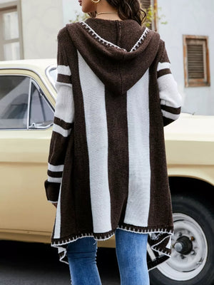 Striped Hooded Open Front Cardigan in Dusty Blue, back view