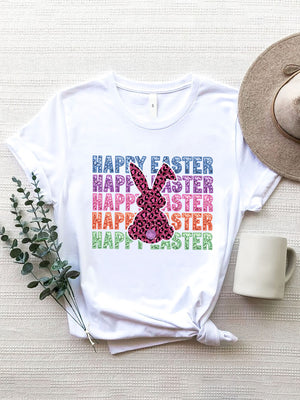 White t-shirt with leopard print bunny graphic and colorful "Happy Easter" text.