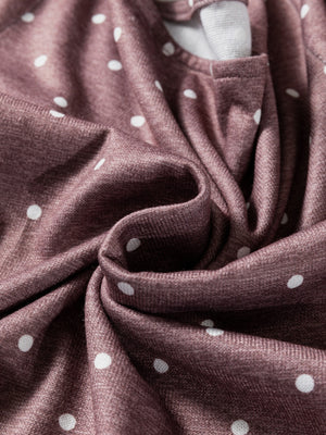 Boat neck polka dot long-sleeve tee in coffee brown with white dots.