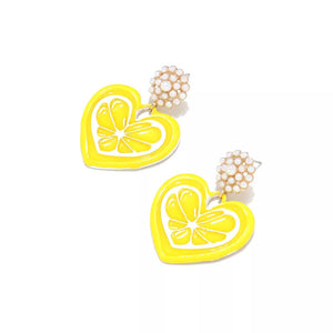 Yellow heart-shaped lemon slice dangle earrings with pearl accents