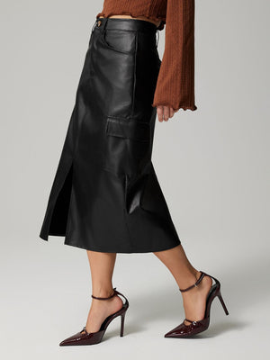 Black faux leather midi skirt with cargo pockets and side slit