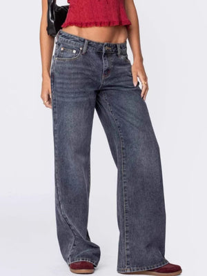 Wide-leg jeans in dusty blue denim with a subtle flare and buttoned closure.
