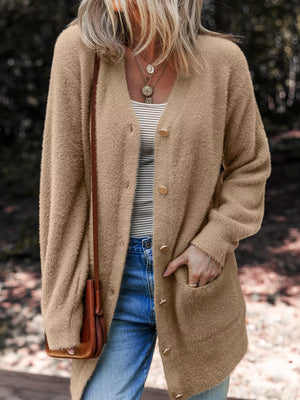 Fuzzy camel button-front cardigan with pockets and V-neck.