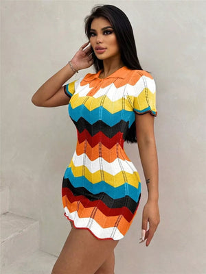 Zigzag knit short sleeve polo dress in multicolor chevron pattern, acrylic.