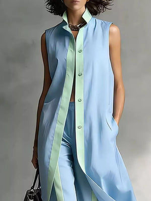 Sleeveless Longline Vest And Wide-leg Pants Set in Pink, side view