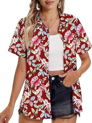 Red tropical hibiscus print button-up shirt with short sleeves and a collar.