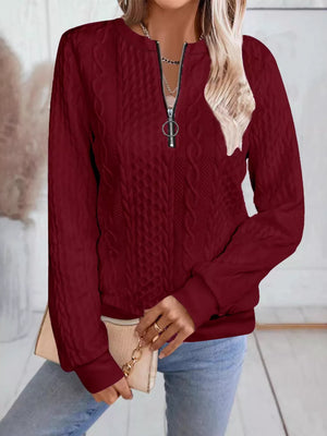 Chic Cable Texture Quarter-zip Sweatshirt in Blue, model styling view