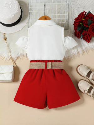 Toddler ruffled cold-shoulder top with belted red shorts set