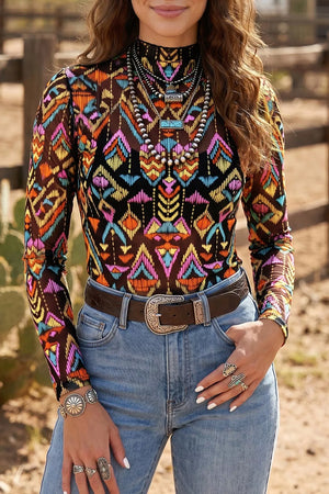 Abstract Print Long Sleeve Mesh Top, front view
