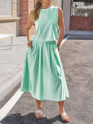 Green striped sleeveless top and midi skirt set with pockets